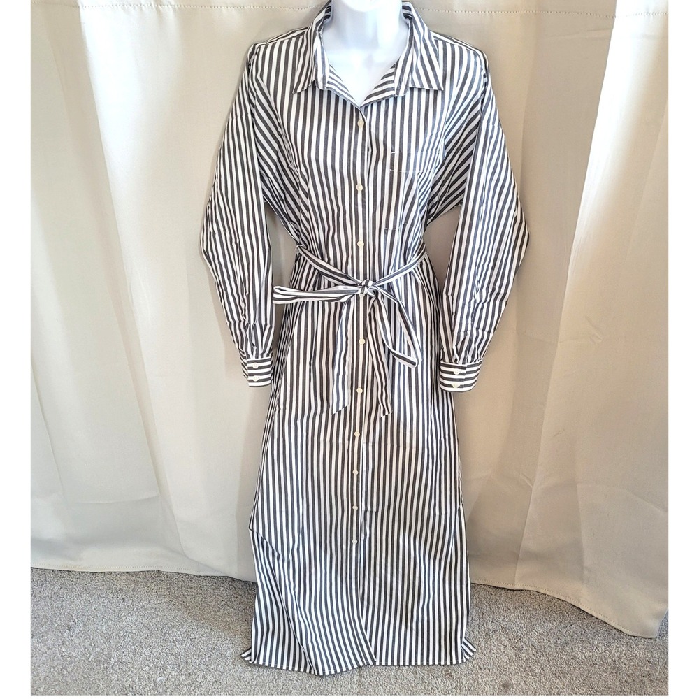 Nautical Maxi Shirt Dress Large Striped Belted Side Slit Coastal Preppy 21678